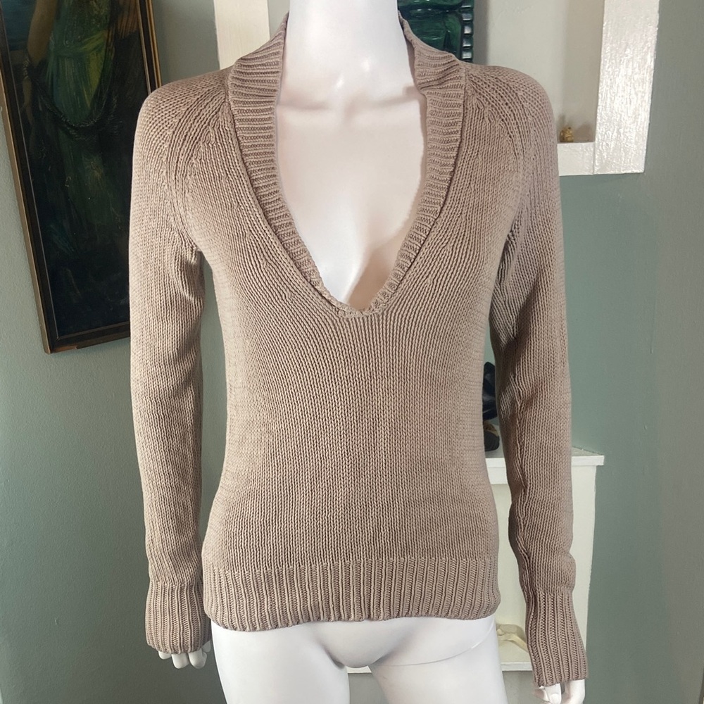 Old Navy Taupe/Tan/Brown Sweater Deep V neck Small S Cotton Blend